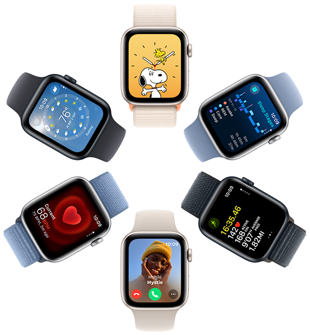 Vista de cima de seis ecrãs do Apple Watch SE a mostrar um fundo de ecrã do Snoopy, informações da app Sono, métricas da app Treino, uma chamada recebida, a frequência cardíaca e a app Meteorologia.