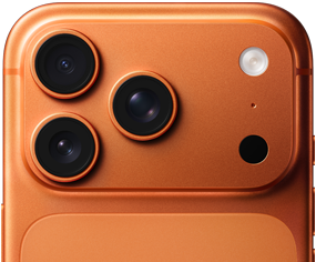 Vista traseira do iPhone 17 Pro laranja cósmico, sistema de câmaras Pro no canto superior esquerdo, 3 lentes, microfone e flash