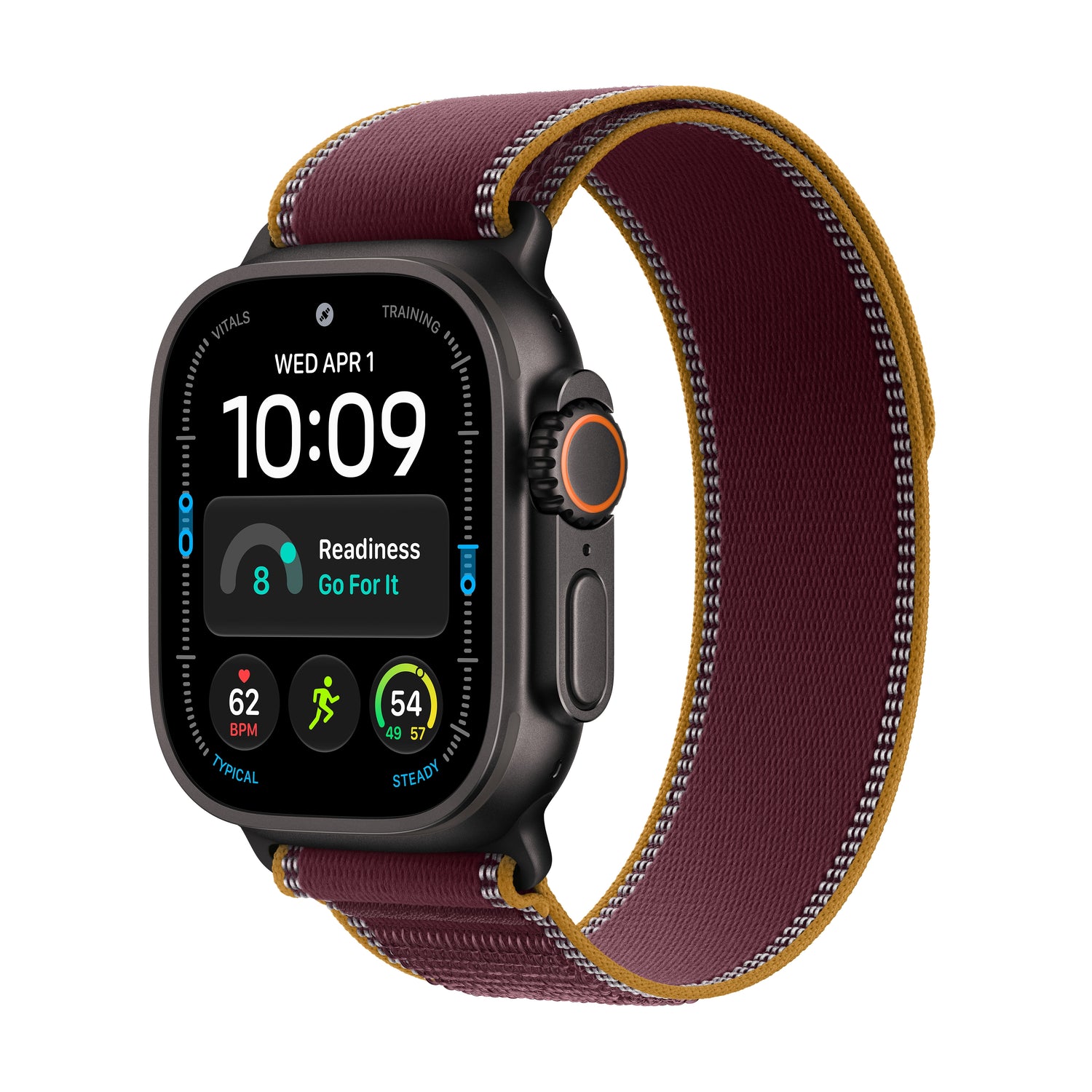 Apple Watch Ultra 4 GPS + Cellular, Caixa em titânio preto de 49 mm com Loop Trail bordô ‑ M/L
