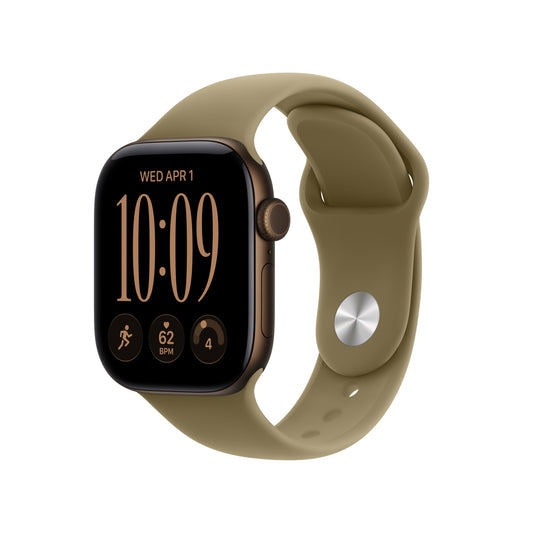 Apple Watch Series 12 GPS, caixa em alumínio bronze escuro de 42 mm com Bracelete desportiva azeitona - S/M
