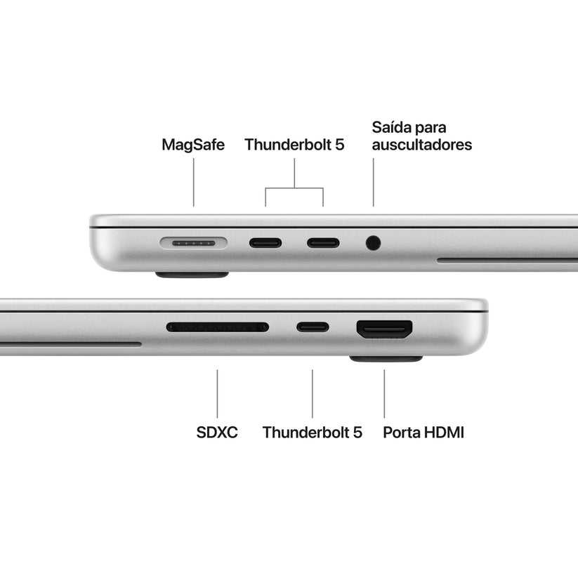MacBook Pro de 14 polegadas com ecrã PROLED XDR: Processador M5 Pro da Apple com CPU 18‑Core e GPU 20‑Core, 1 TB SSD - Prateado