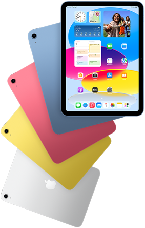 Vista frontal do iPad a mostrar o ecrã principal; do outro lado, vê-se a parte de trás de quatro iPad em azul, rosa, amarelo e prateado