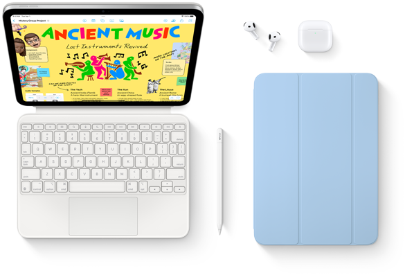 Apresentação do iPad, Magic Keyboard Folio, Apple Pencil, AirPods e Smart Folio.