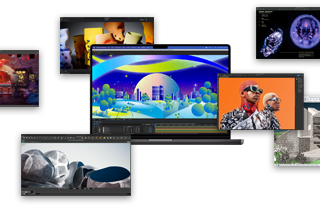 MacBook Pro a executar apps como Adobe After Effects, Keynote, DaVinci Resolve, Autodesk Maya com o renderizador Arnold, Adobe Photoshop, Houdini e SketchUp