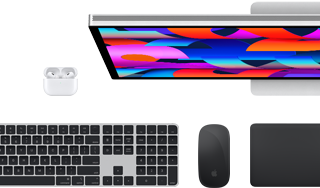 Acessórios Mac: AirPods, Studio Display, Black Magic Keyboard com Touch ID, Black Magic Mouse e Black Magic Trackpad