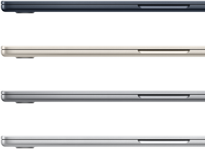 Quatro portáteis MacBook Air nas cores disponíveis: meia-noite, luz das estrelas, cinzento sideral e prateado