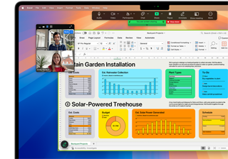 Gráficos, tabelas e uma chamada de vídeo estão abertos e ativos num MacBook Pro de 16 polegadas para mostrar a compatibilidade do macOS com Microsoft Excel e Zoom