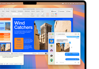 A partir da app Mensagens, é inserida uma fotografia num relatório do Microsoft Word aberto num MacBook Air de 13 polegadas para mostrar o design intuitivo do Mac e a semelhança com o iPhone