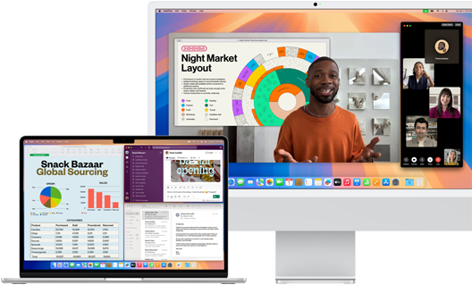 MacBook Air de 15 polegadas prateado, aberto, com as apps Mail, Numbers e Slack, ao lado de um iMac de 24 polegadas com uma pessoa a mostrar uma apresentação do Keynote no FaceTime