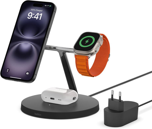 Suporte de carregamento 3 em 1 Belkin Qi2 - Preto
