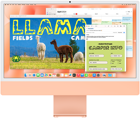 iMac laranja de frente ao centro. À esquerda, um iMac verde e outro amarelo, ambos de perfil. À direita, um iMac roxo e outro azul, também de perfil