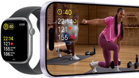 Apple Watch Series 11, com caixa em alumínio preto brilhante, métricas de treino, Bracelete desportiva roxo névoa, com iPhone associado a mostrar um vídeo de exercício