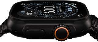 Vista lateral do Apple Watch Ultra 3 com caixa em titânio preto, bússola no mostrador Orientação, botão lateral e Digital Crown