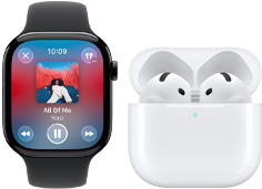 Apple Watch Series 11 com caixa em titânio ardósia, Bracelete desportiva preta, a mostrar a app Apple Music aberta, AirPods 4 associados