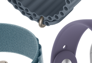 Braceletes para Apple Watch Series 11: Bracelete desportiva roxo névoa, Bracelete Ocean azul‑âncora, Loop Alpine azul‑claro