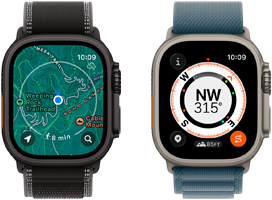 Dois Apple Watch Ultra 3 lado a lado: um mostra os mapas e o outro apresenta as funcionalidades da app Regresso, incluindo a bússola, elevação e Pontos de passagem marcados