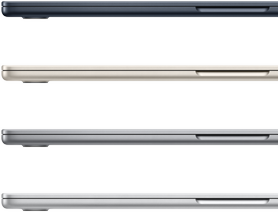 Quatro portáteis MacBook Air nas cores disponíveis: meia-noite, luz das estrelas, cinzento sideral e prateado
