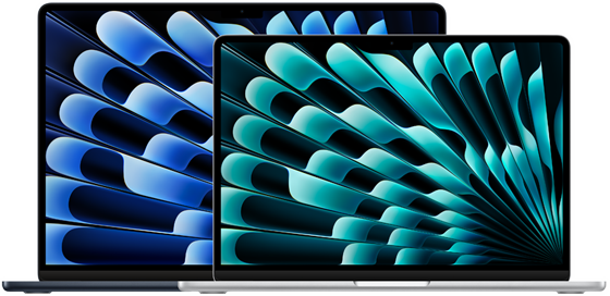 Vista frontal dos modelos de 13 e 15 polegadas do MacBook Air a mostrar os tamanhos dos ecrãs (medidos na diagonal)