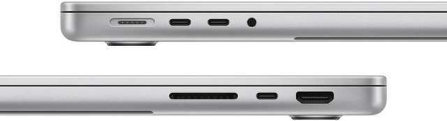 Vista lateral do MacBook Pro de 14 polegadas com o processador M3 Pro a mostrar as portas: no lado esquerdo, porta MagSafe 3, duas portas Thunderbolt 4 e saída para auscultadores; no lado direito, ranhura para cartões SDXC, uma porta Thunderbolt 4 e porta HDMI