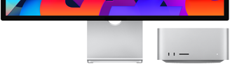 Vista frontal ampliada do Mac Studio ao lado do Studio Display. O Mac Studio cabe perfeitamente por baixo do Studio Display.