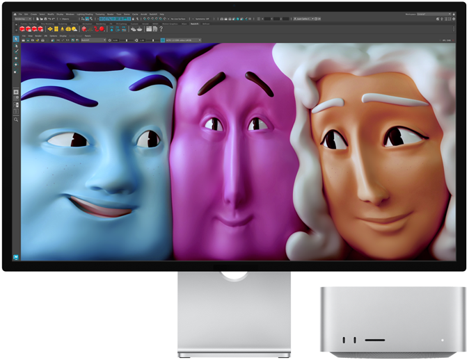 Vista frontal do Mac Studio com o Studio Display
