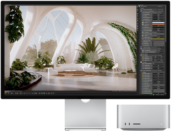 Vista frontal do Studio Display ao lado do Mac Studio