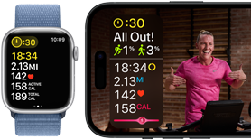 Apple Watch a mostrar métricas de treino e iPhone a mostrar uma sessão de treino com o Apple Fitness+