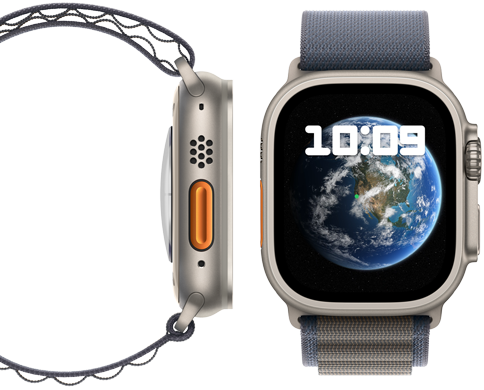 Vista frontal e lateral do novo Apple Watch Ultra 2 neutro em carbono