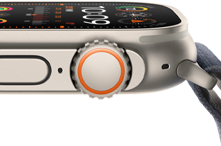 Apple Watch Ultra 2 a mostrar a caixa em titânio robusta, ecrã plano, Digital Crown e botão lateral