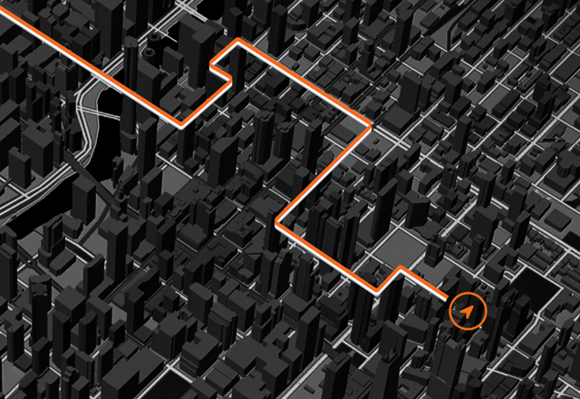 Mapa a destacar um percurso numa cidade com muitos edifícios, para mostrar a precisão do GPS