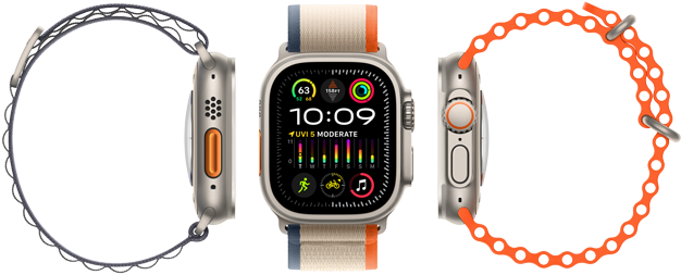 Apple Watch Ultra 2 a mostrar a compatibilidade com três tipos de braceletes, ecrã grande, caixa em titânio robusta, botão Ação laranja e Digital Crown