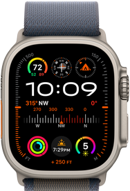 Imagem do Apple Watch Ultra 2 com a Loop Alpine azul, mostrador com complicações que incluem GPS, temperatura, bússola, altitude e métricas de fitness