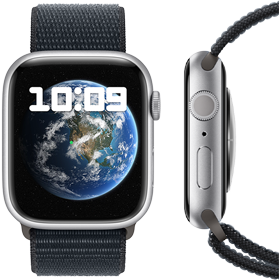 Vista frontal e lateral do novo Apple Watch neutro em carbono.