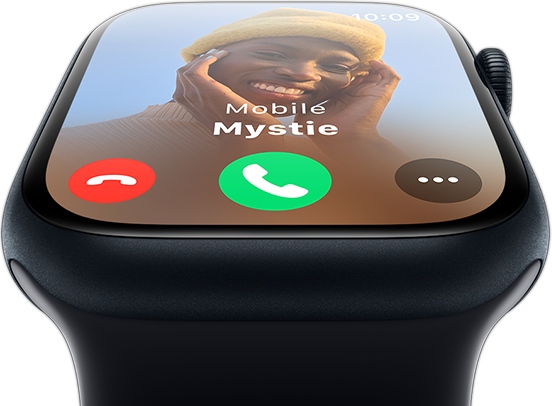 Vista frontal do Apple Watch a receber uma chamada.