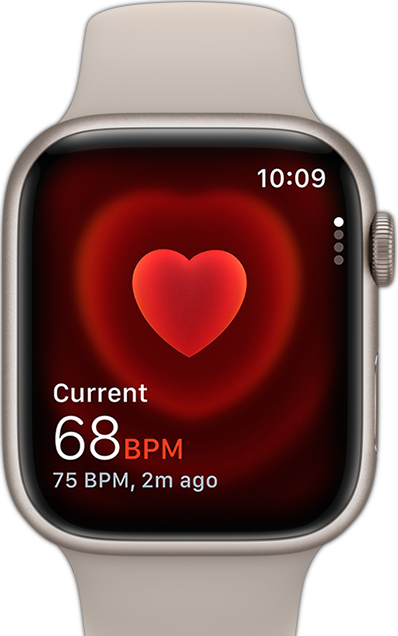 Vista frontal do Apple Watch a mostrar a frequência cardíaca de uma pessoa.