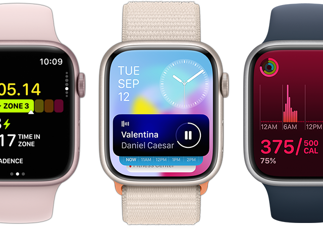 Vista frontal de cinco Apple Watch a mostrar a grande quantidade de informação que apresentam graças à atualização do watchOS 10.