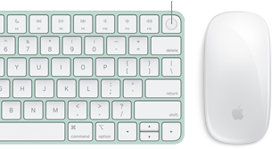 Grande plano do Magic Keyboard com Touch ID ao lado do Magic Mouse.