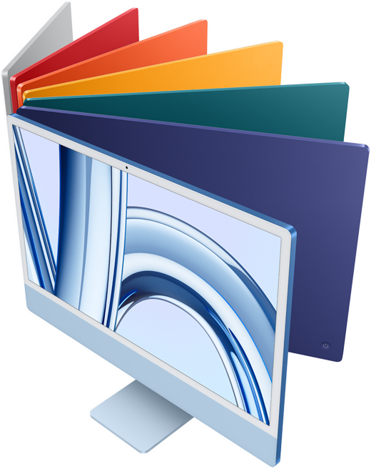 Vista superior de sete iMac nas cores prateado, azul, roxo, rosa, laranja, amarelo e verde.
