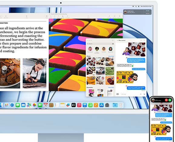 iMac ao lado de um iPhone, a mostrar a funcionalidade de Continuidade entre o iPhone e o iMac a partilhar um chat e fotografias.