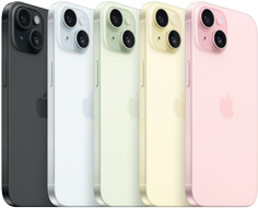 Vista traseira do iPhone 15 a mostrar o sistema de câmara avançado e vidro infundido com cor em todas as versões: preto, azul, verde, amarelo e rosa.
