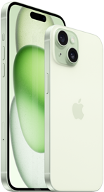 iPhone 15 Plus de 6,7 polegadas e iPhone 15 de 6,1 polegadas, mostrados lado a lado para comparar os tamanhos.